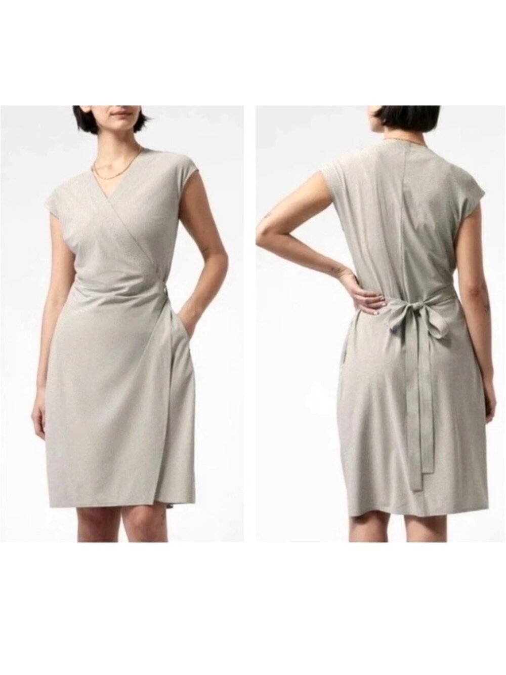 Athleta Newport Wrap‎ Dress M City Stripe Black Sea Salt Pockets Travel Vacation